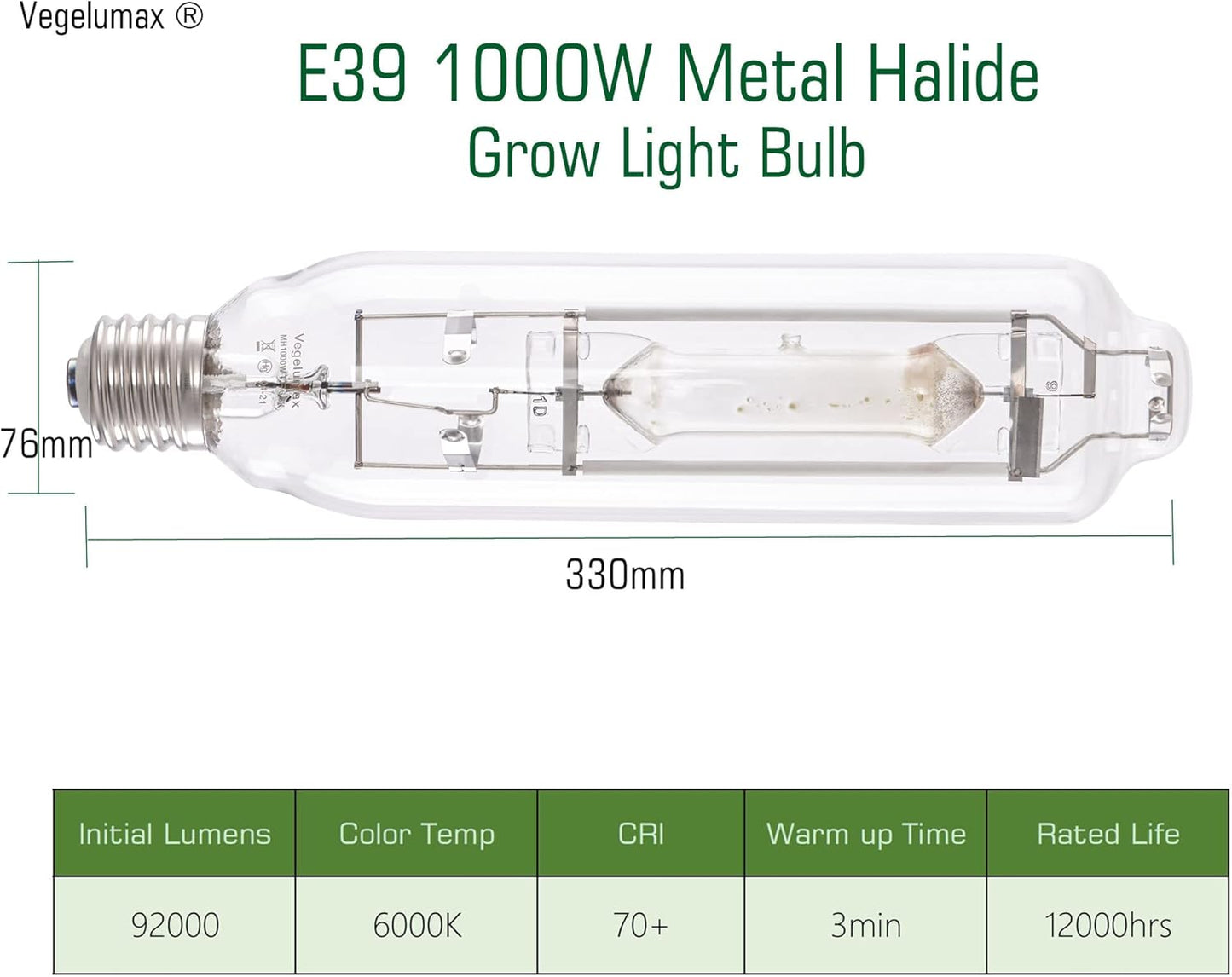 MH 1000W Metal Halide Single Ended HID Grow Light Bulb Lamp High PAR Enhanced Blue and Violet Spectrums for Hydroponic Horticulture Vegetative Growth,CCT 6000K,92,000Lumens,E39 Base