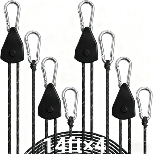 Longer 14ft Retractable Paracord Rope Tie Down Ratchet Strap Small Straps Mini Rope Cam Lock Tent Canopy Tie Down Adjustable Outdoor Windproof Tightener Tensioner Hanger Grow Light 4 Pack 1/8"
