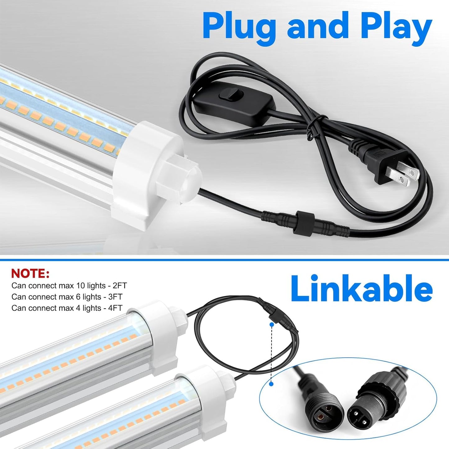 JESLED Waterproof Plant Grow Lights, 4FT Full Spectrum Grow Light for Seedling, Flowering & Fruiting, 96W (2 x 48W, 600W Equiv), Linkable Grow Light Strip, Plug and Play, Pinkish White,2-Pack