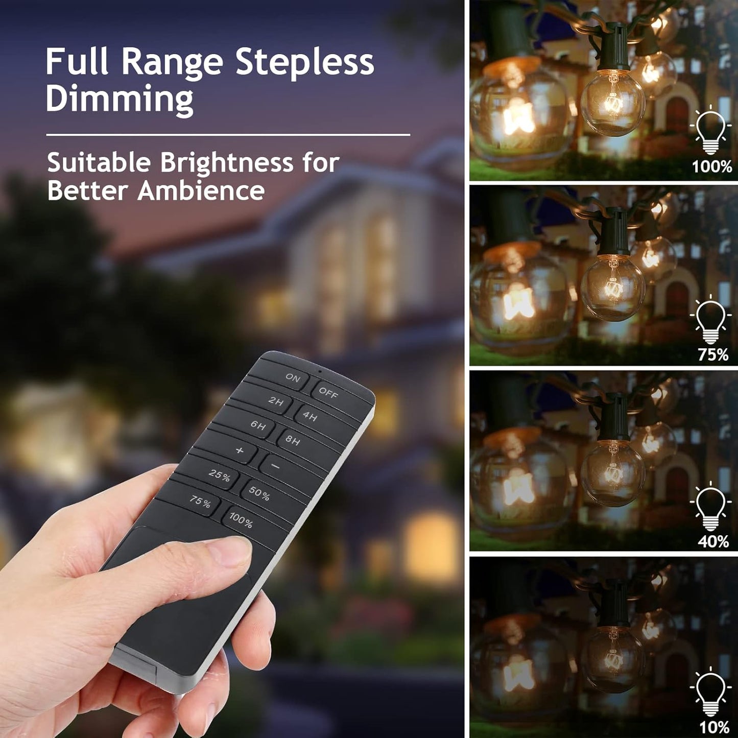 Outdoor Dimmer for String Lights, Remote Control Light Dimmer Plug in, Light Timer Outdoor Waterproof, 100FT Range with 2 Grounded Outlets for Dimmable LED/Tungsten Bulb/Patio Lights