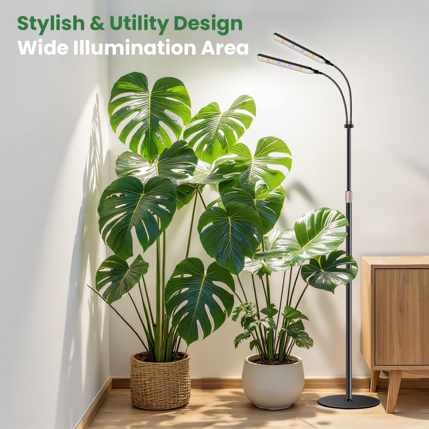 Kullsinss Black Floor Grow Lights for Indoor Plants, 2-Heads Full Spectrum LED Plant Grow Light with 4/8/12/16H Timer, 3 Color Modes, 24-68.7in Hight Adjustable Grow Lamp for Tall Large Indoor Plants