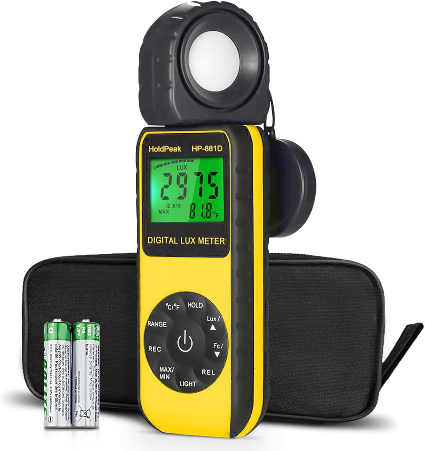 HOLDPEAK 881D Illuminance Light Meter, Digital Lux Foot Candles Meter 0.1~400,000 Lux (0.1~40,000 FC) with 270º Rotatable Detector, Par Meter Luxmeter for Plants LED Lights Indoor Outdoor Light Tester