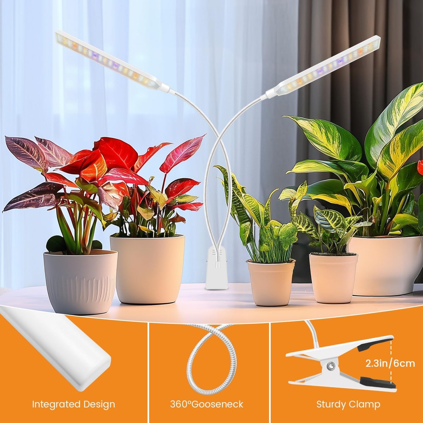 Kullinss White Grow Light, 2-Head Clip On Grow Lights for Indoor Plants with 6/12/16H Timer, 3 Color Modes, 5 Dimmable Levels, 114 LEDs Full Spectrum Plant Lights for Indoor Plants, Herbs, Seedlings