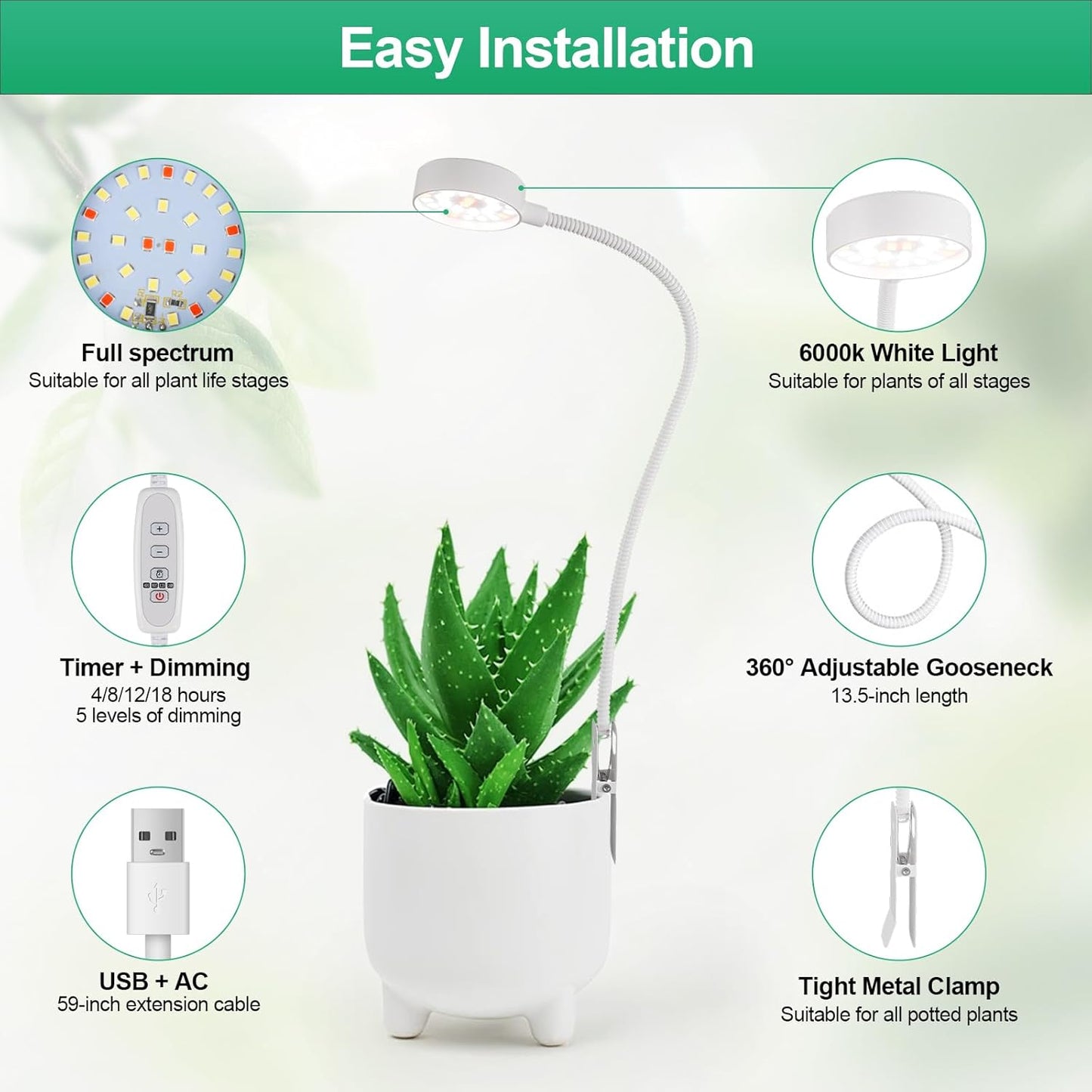 2 Pack Grow Lights, Pot Clip LED Growing Lamp for Indoor Succulents Pot Mini Small Plants,6000K White Full Spectrum with 5-Level Dimmable, Auto Timer 4/8/12/18 Hrs