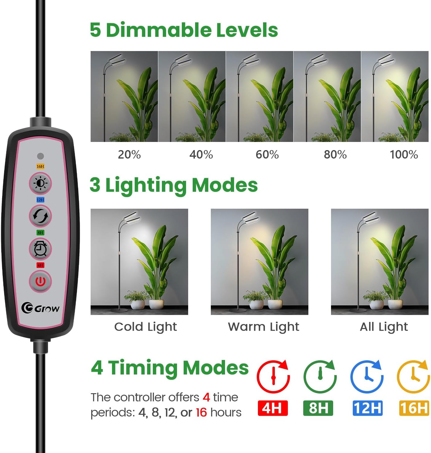 Wiaxulay Grow Light with Stand, Full Spectrum Floor Plant Lights for Indoor Growing, Height Adjustable 24-68, Ideal for Growing Large Plants, 4/8/12/16H Timer,3 Lighting Modes,306 LED (2 Heads)