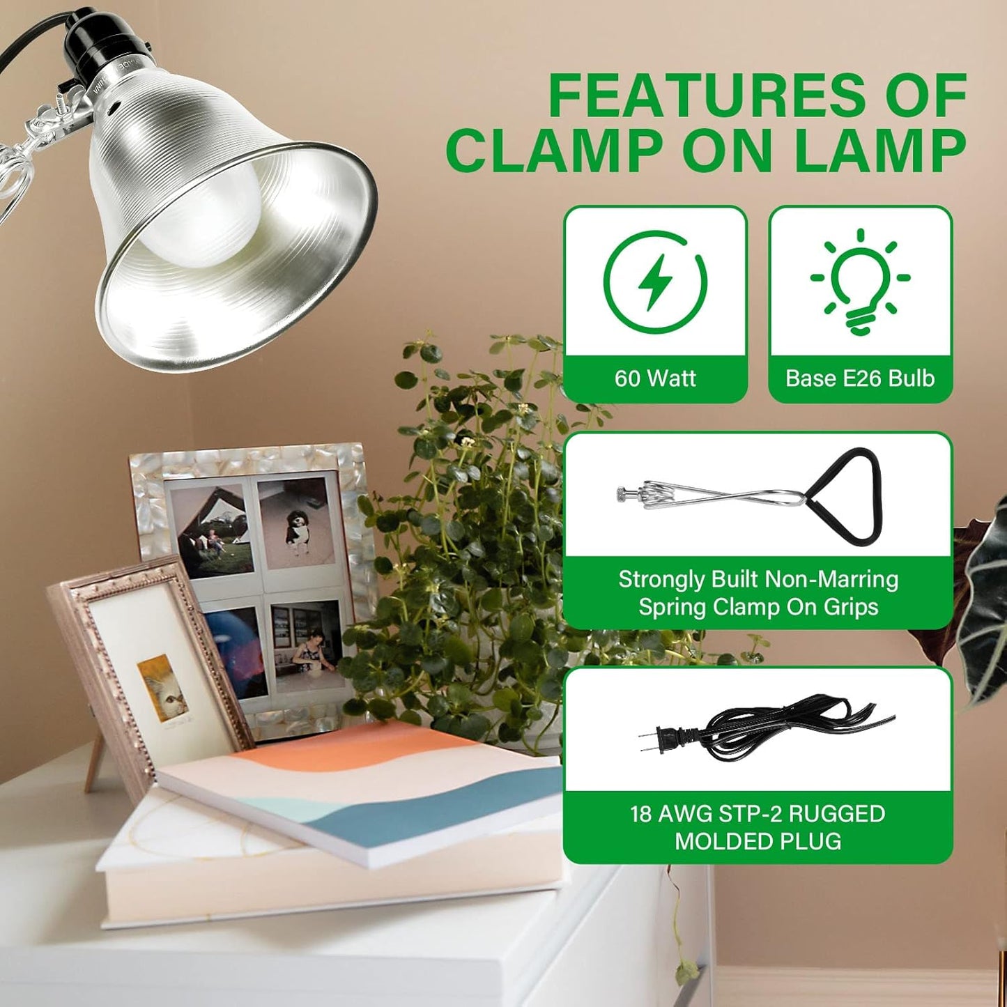 Simple Deluxe Clamp Lamp Light Socket with 5.5 Inch Aluminum Reflector, Suit for Max 60 Watt Lamp (No Bulb Included) with 18/2-Gauge 6 Feet Cord, 1-Pack