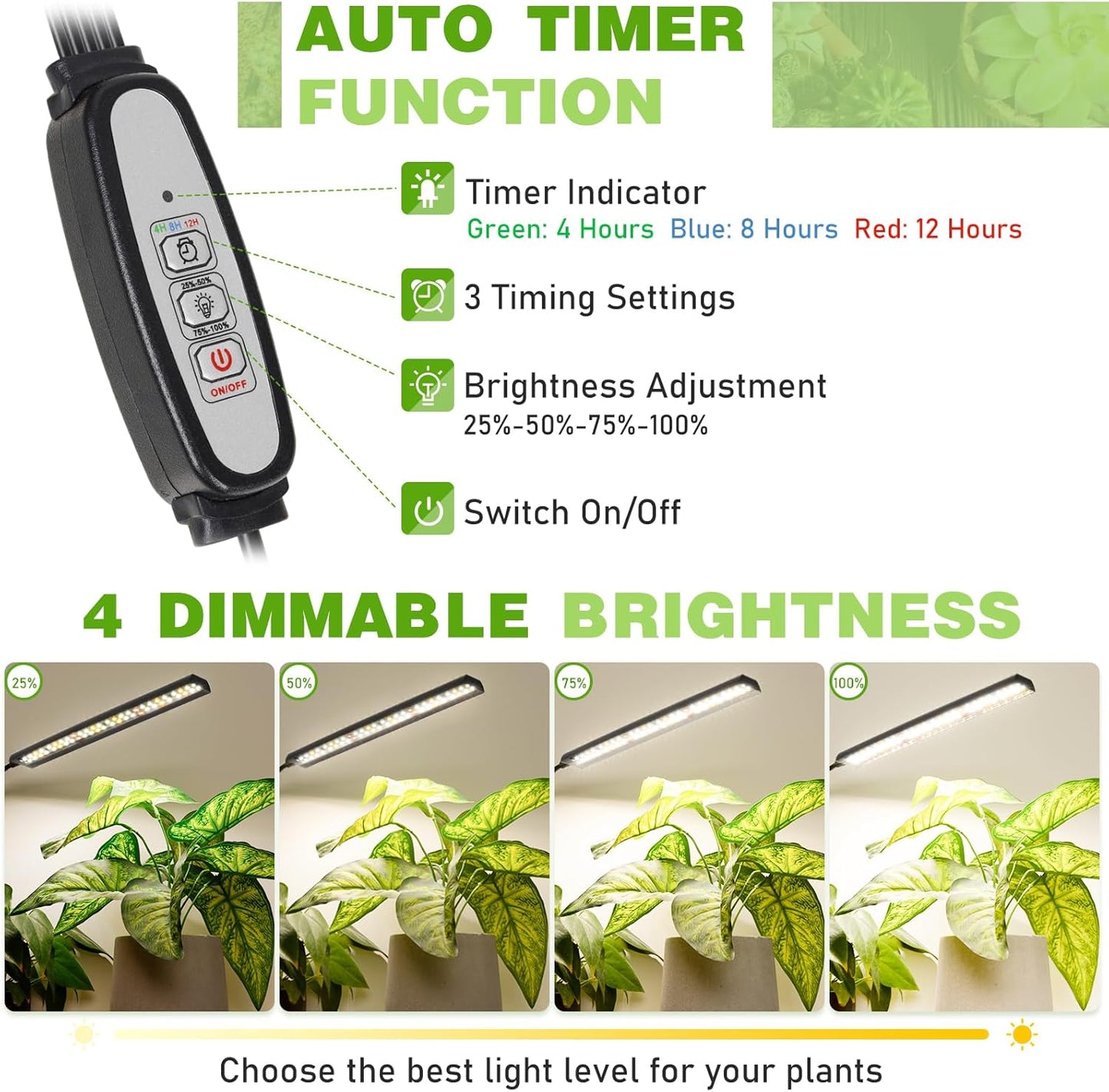 FOXGARDEN Grow Lights for Indoor Plants Full Spectrum, Plant Lights for Indoor Growing with Timer 4/8/12 H, Five-Head 260 LED Clip Grow Lamp with Gooseneck, 4 Brightness Levels for Plant Growing