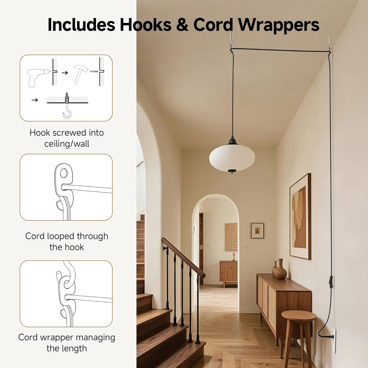 Cable Matters 2-Pack Plug in Hanging Light Cord with Switch - 15ft, Pendant Light Cord with Lamp Socket, Black