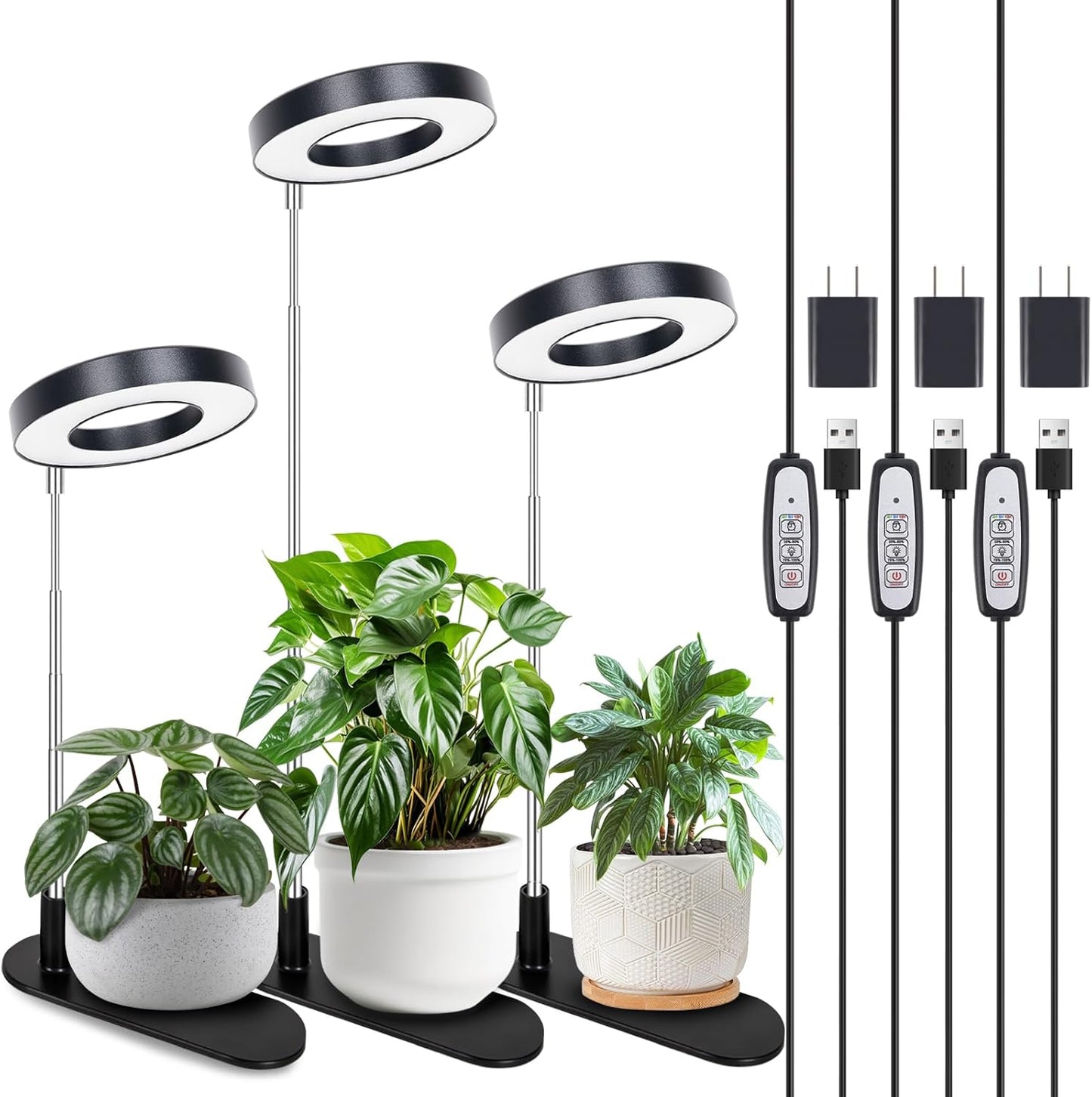 LORDEM Grow Light, 48 LEDs Plant Light for Indoor Plants, Full Spectrum Desk Grow Lamp with Automatic Timer for 4H/8H/12H, 4 Dimmable Levels, Height Adjustable 7.8"-26", Black, 3 Pack