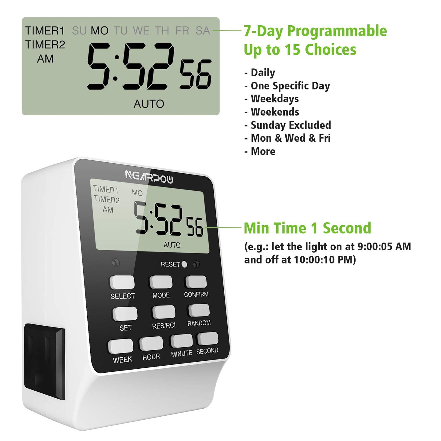 Outlet Timer, NEARPOW Dual Digital Light Timer with 2 Independently-controlled Outlets, 18 ON/OFF Programs, 24-Hour and 7-Day Programmable,Indoor Heavy Duty Electrical Timer Switch, 3 Prong, 15A/1800W