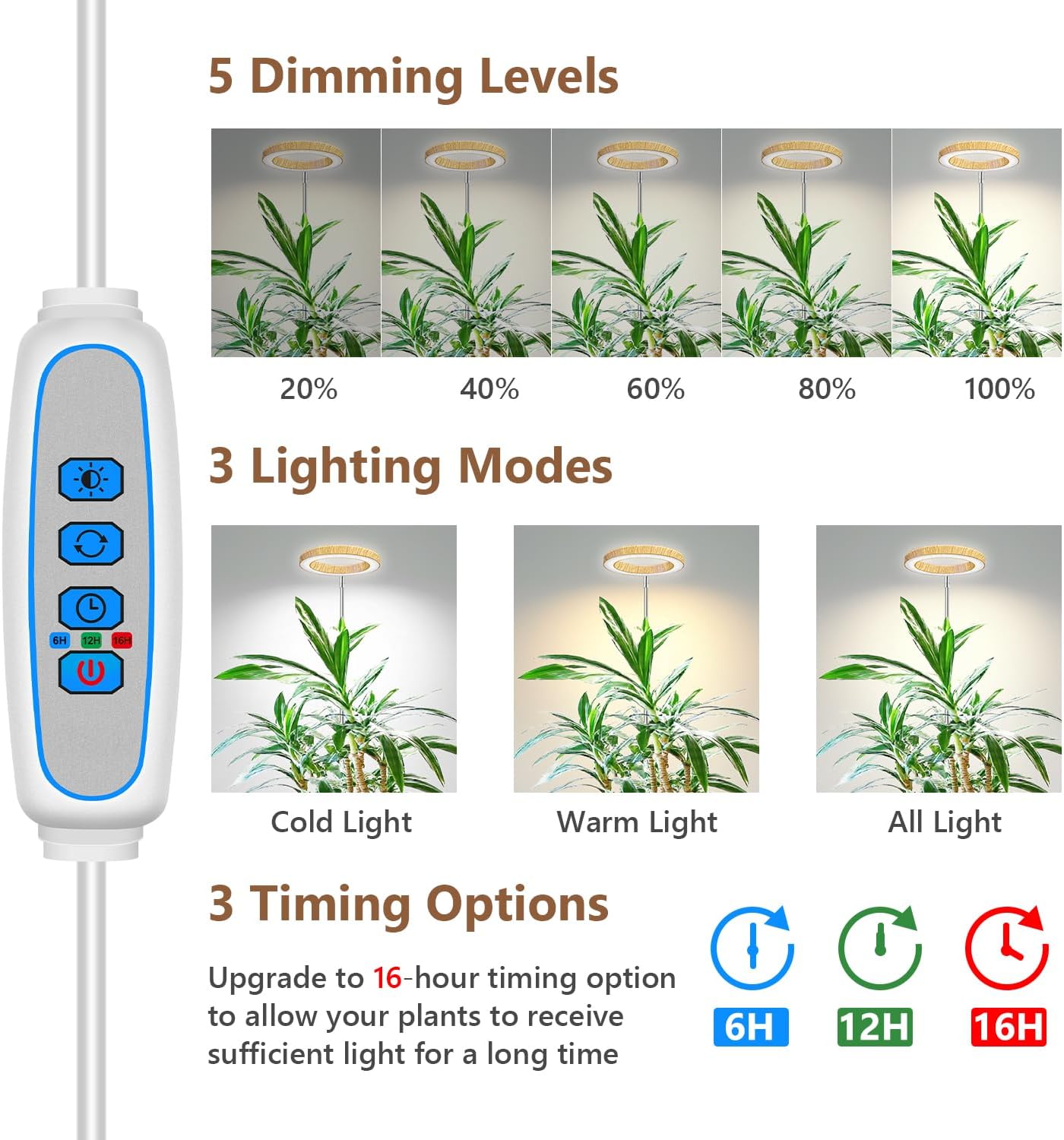 Aokrean Grow Lights for Indoor Plants, Full Spectrum Plant Lights for Indoor Growing with 6/12/16H Timer, 3 Optional Spectrums, 5 Brightness, Height Adjustable 10"-65" Wood Grain Growing Lamp