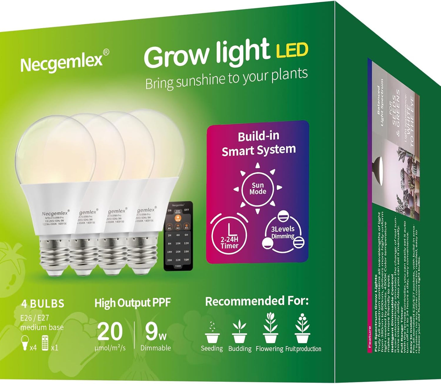 Smart LED Grow Light Bulbs with Remote Controller, Sun Simulation Mode, Built-in Auto Timer, A21/A70 E26/E27 9W Dimmable Full Spectrum Intelligent Plant Grow Bulbs for Indoor Plants, 4 Pack