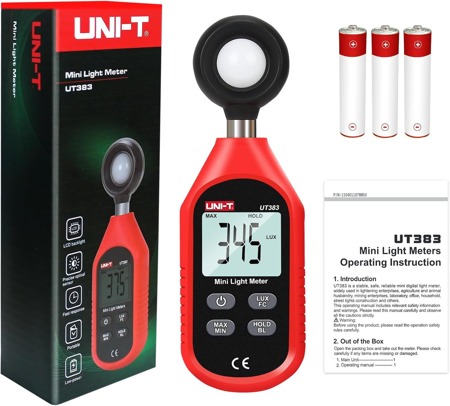 UNI-T UT383 Light Meter Lux Meter Lumens Digital Illuminance Meter 0~199,900 Lux (0~18,500 FC) Foot Candles Luxmeter for Film Photography Plants Photometer Lighting Intensity Brightness Measurement