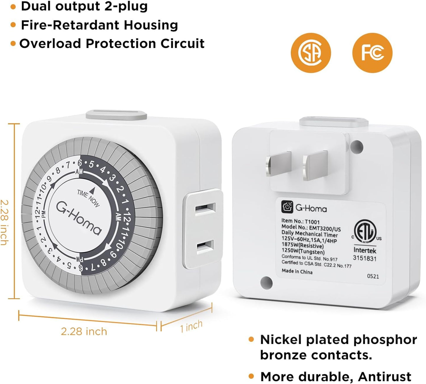 G-Homa Timers for Electrical Outlets 4 Packs,24 Hour Indoor Plug-in Mechanical Timer,30 Minute Intervals, Daily On/Off Cycle,1 Polarized Outlet, for Grow Light,Christmas Lights, Lamps ETL Listed