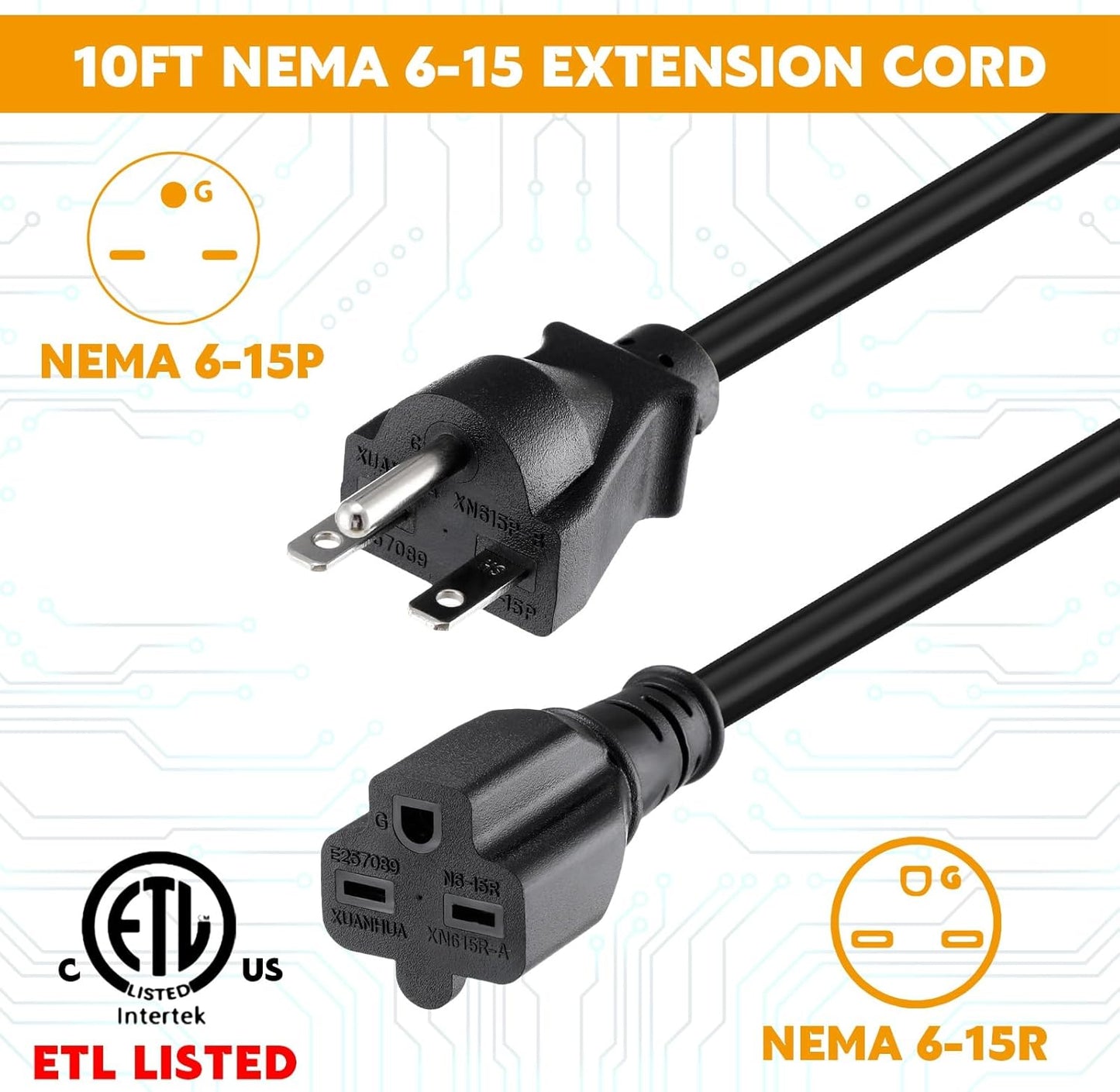 Tellegloww 15ft NEMA 6-15 Extension Cord 6-15P Male to 6-15R Female, 15 AMP Power Cable for 220/240V Air Condition, LED Grow Lights, Digital Ballast Power Cord Heavy Duty 14/3 AWG, 240V, 3750W, Black