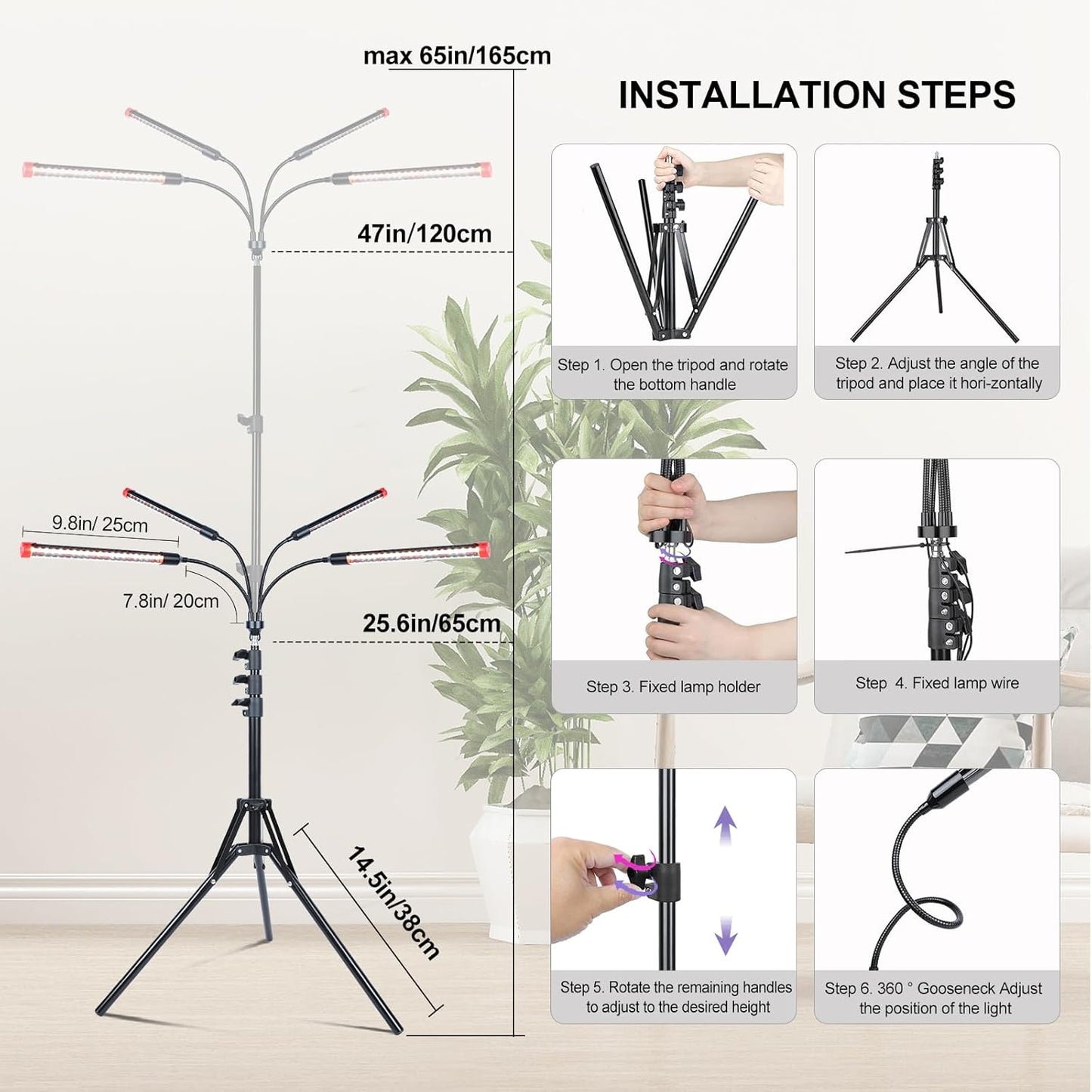 FRGROW 4Head Grow Light with Stand for Tall Indoor Plants, Bonsai Tree, Bright Full Spectrum Plant Growing Lamps, 4/8/12/16/20H Timer, 36 Watt Power Draw, NO Need Adapter, 360° Gooseneck