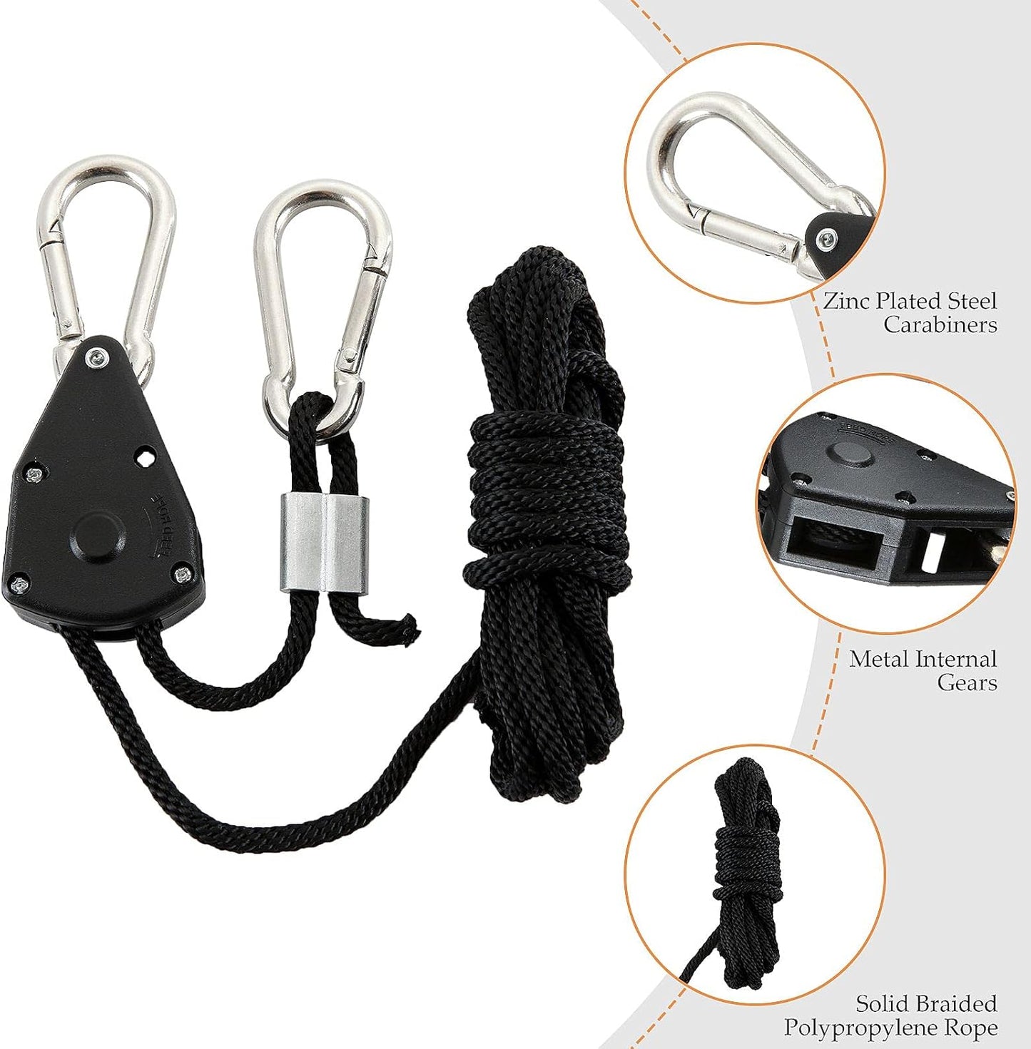 12 Pack Rope Clip Hanger 1/8 Inch 8 FT Adjustable Lifting Pulley Lanyard Hanger with M5 Iron Galvanized Carabiner, Reinforced Metal Internal Gears Ratchets 150lbs Capacity, Black
