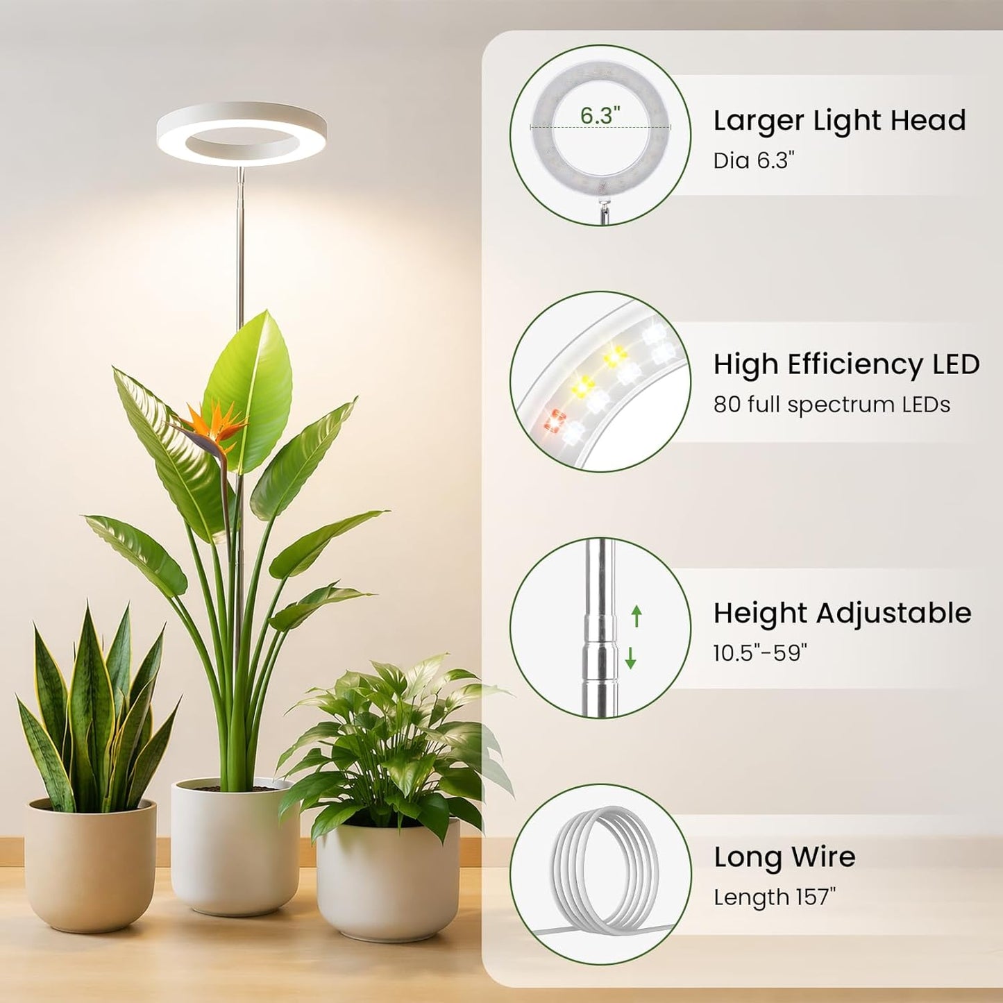 LBW Grow Lights for Indoor Plants, 6.3" Full Spectrum Plant Light with Base, 59" Height Adjustable Grow Lamp, 6/8/12/16H Auto Timer, 3 Light Colors, 5 Dimmable Levels, for Tall Large Plants, White