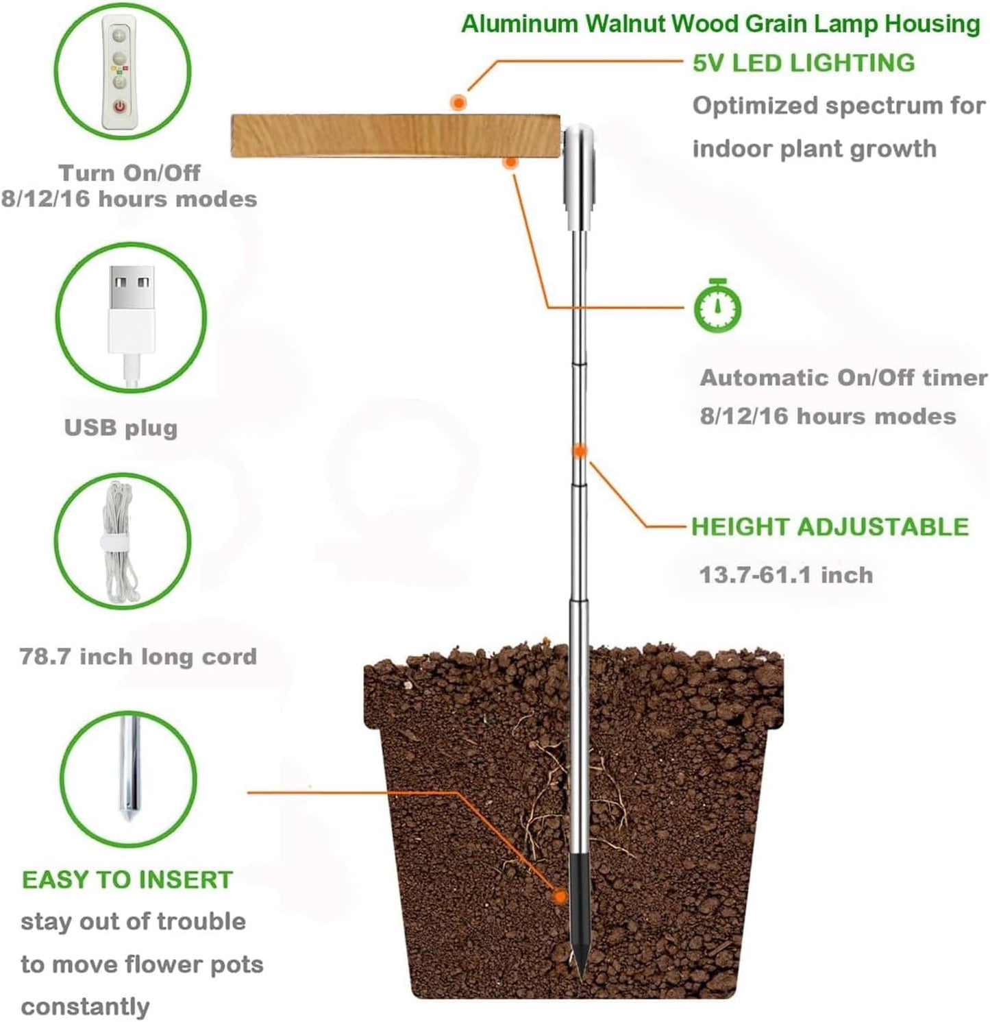 yadoker Grow Light for Large Indoor Plants, Full Spectrum LED Plant Light, Height Adjustable for Tall Plants, Auto On/Off Timer, 5V Safe Low Voltage Wood Grain Grow Lamp for Home & Office
