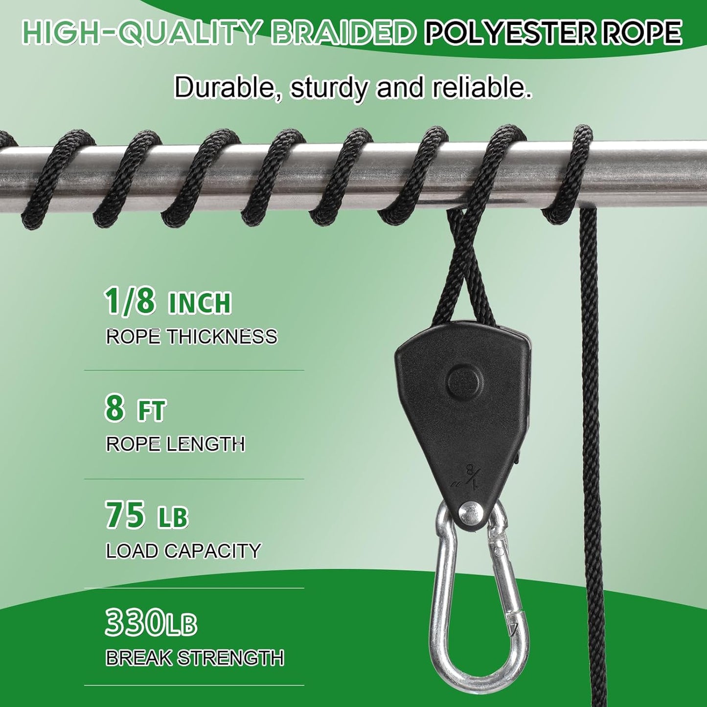 Grow Light Rope Hanger ，1/8" 8-Feet Long Heavy Duty Adjustable Rope Clip Hanger, Adjustable Rope Ratchet Hangers 150 Lbs per Pair (12 Pairs)
