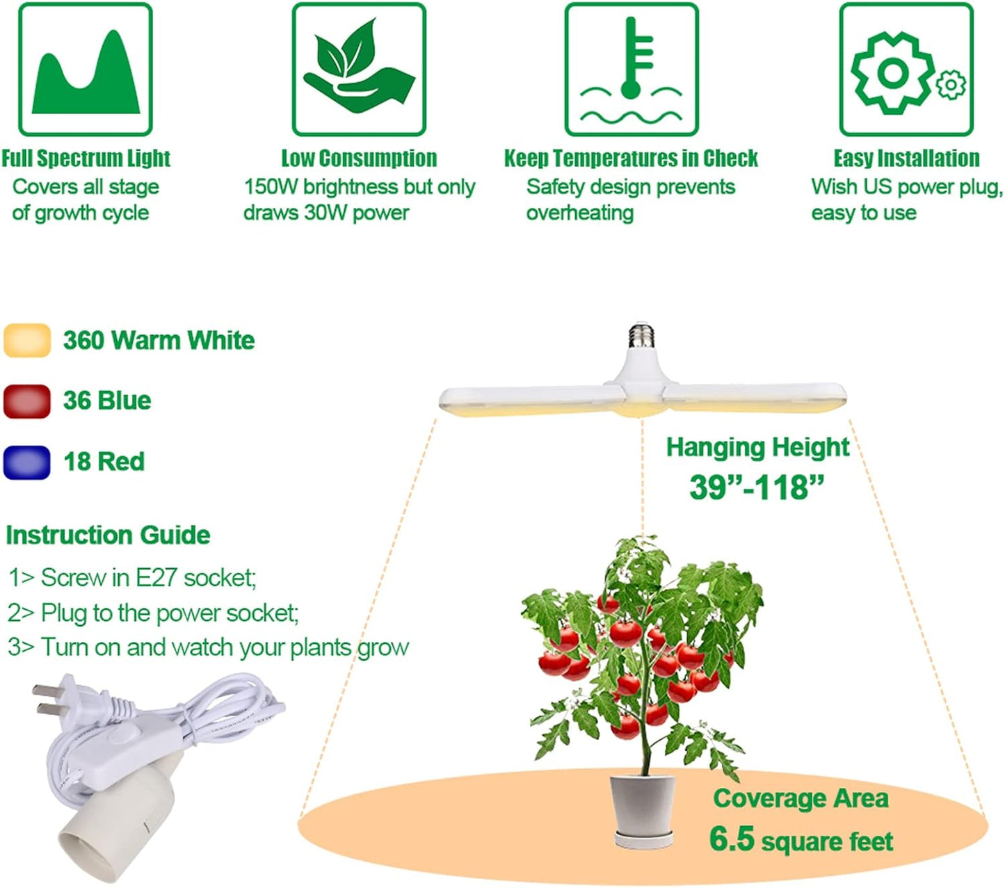 2 Pack 150W LED Grow Light Bulb Foldable Sunlike Full Spectrum Grow Light for Indoor Plants, 414 LEDs Sunlike Plant Light with Power Cord, E27 Plant Lamp for Flowers,Greenhouse Hydroponic