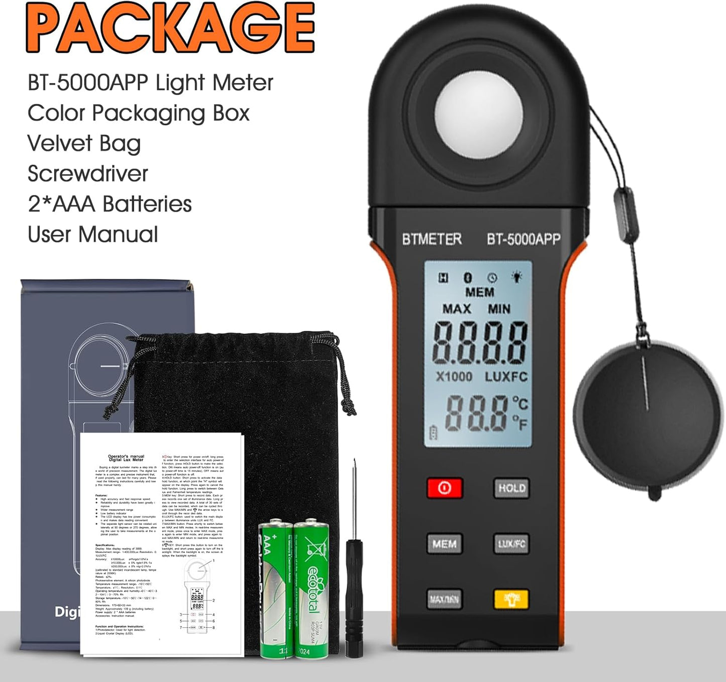 BTMETER Illuminance Light Meter w/Bluetooth - Digital Lumen Tester Measure Lighting Level Intensity 1~400,000 Lux(Foot Candle 1~37,160) Luxometer with 270º Rotated Sensor Data Logging for Plants Grow
