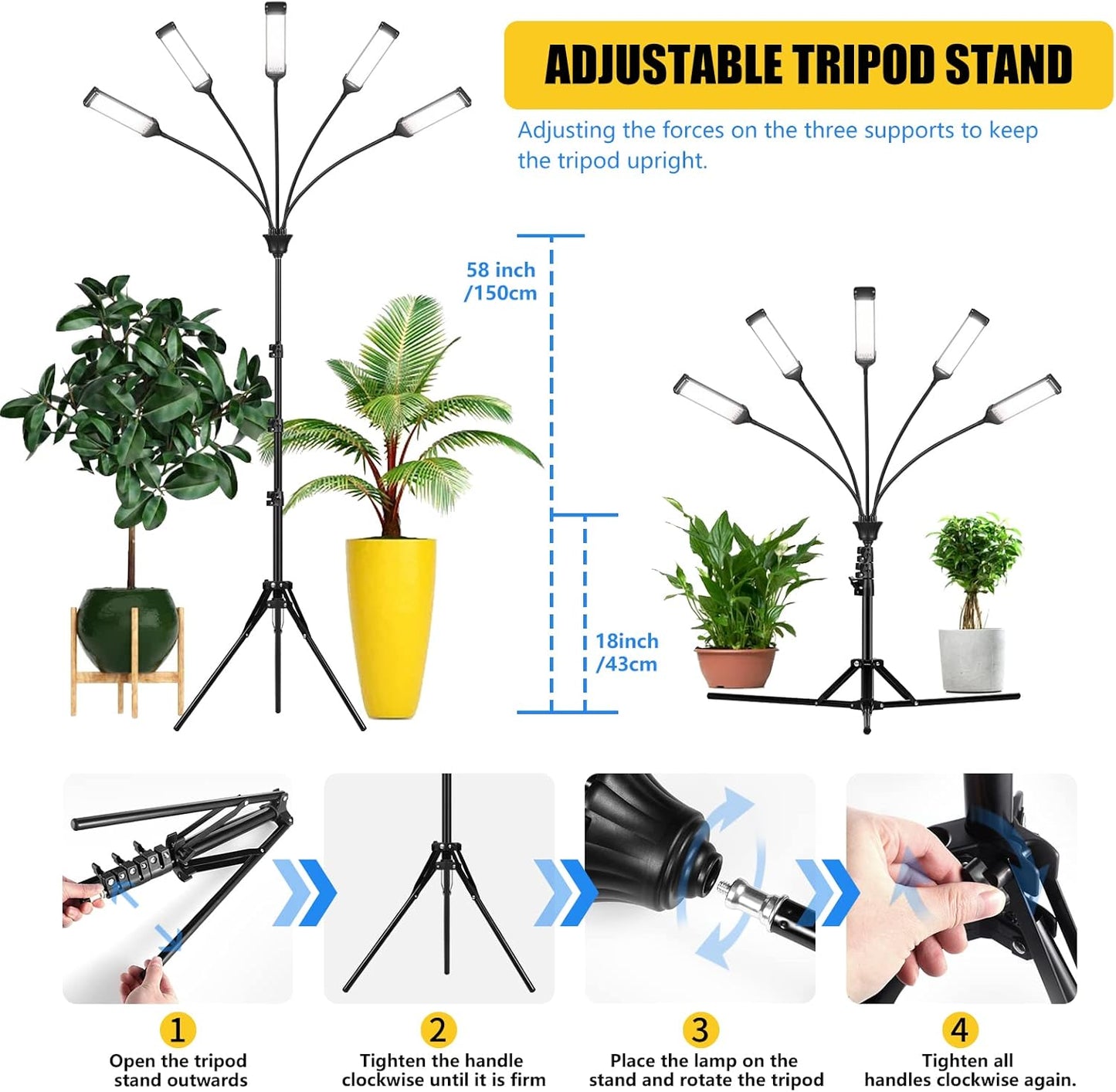 Grow Lights for Indoor Plants, Aukphie Full Spectrum led Grow Light with Stand, Auto On/Off Timing 3/6/9/12/15/18H & 10 Brightness Levels.