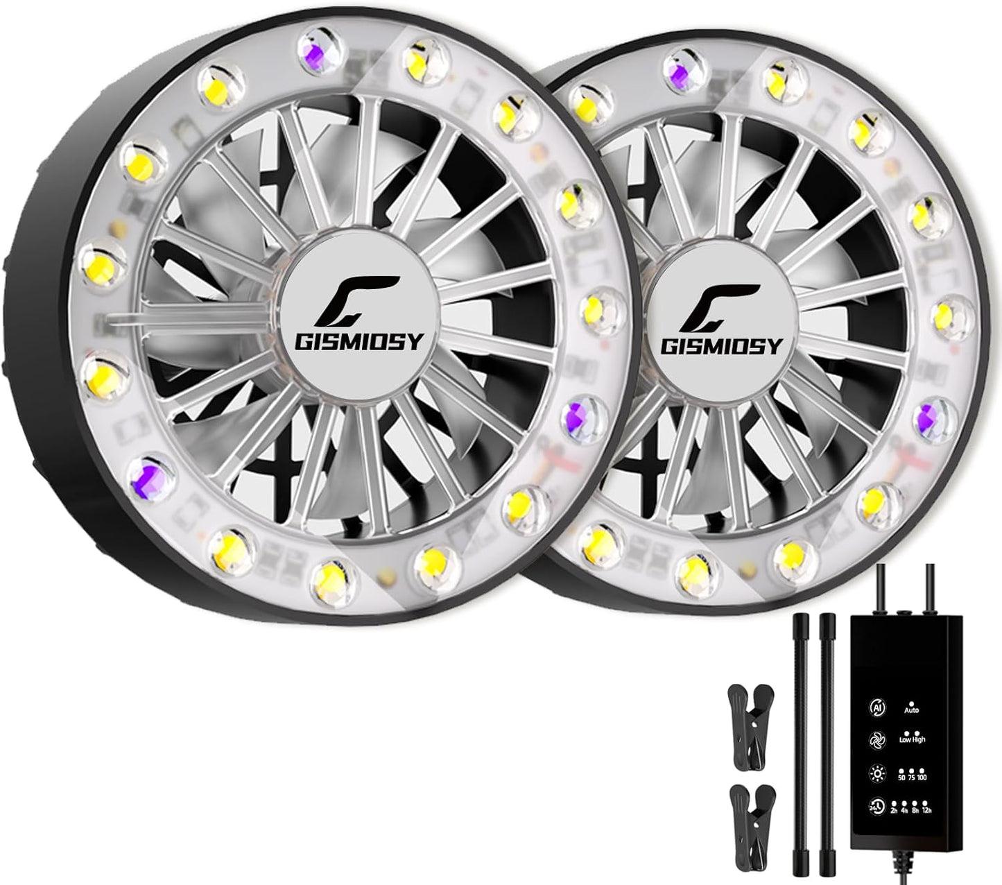Full Spectrum LED Grow Light with Built-in Cooling Fan, Clip on Plant Lights for Indoor Plants, 2/4/8/12H Auto Timer, 3 Dimmable Levels, CRI 90+ Lamp for Plant Shelves & Succulents 2 Packs