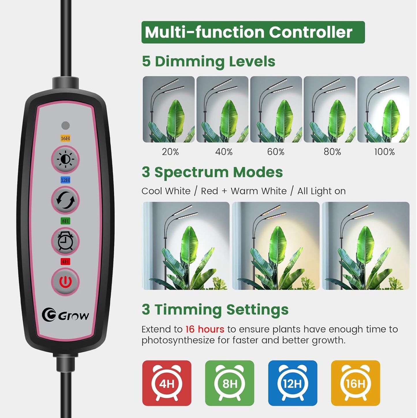 Kullsinss Black Floor Grow Lights for Indoor Plants, 2-Heads Full Spectrum LED Plant Grow Light with 4/8/12/16H Timer, 3 Color Modes, 24-68.7in Hight Adjustable Grow Lamp for Tall Large Indoor Plants