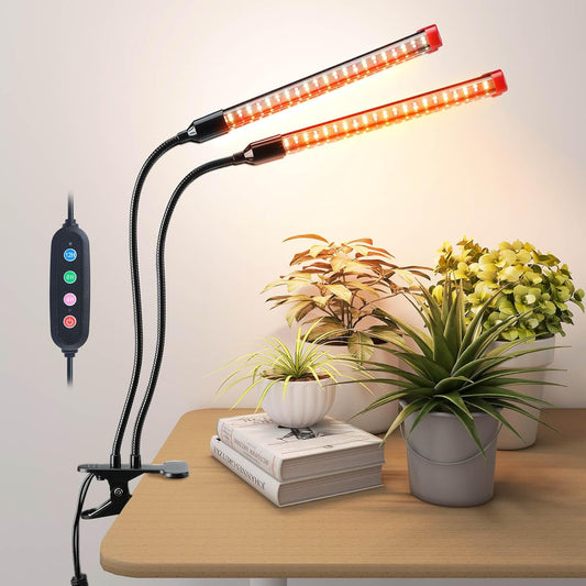 Small 2Head Clip Grow Lights for Indoor Plants, Seed Starting, Bonsai, Succulent, Bright Plant Growing Lamps, 4/8/12/16/20H Timer, 18 Watt Power Draw, NO Need Adapter