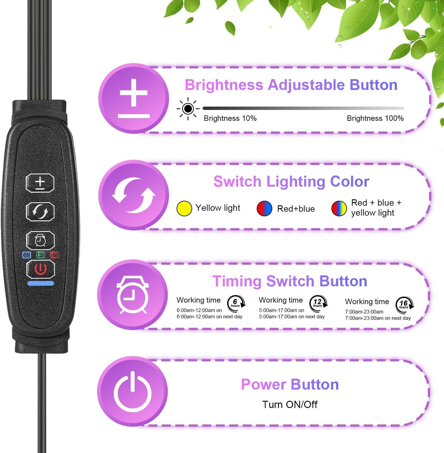 Black 3-Tube Clip-On Grow Light with Red/Blue/Yellow LEDs, Full Spectrum, 6/12/16H Timer, 3 Modes & 10 Dimmable Levels, for Indoor Plants & Seed Starting (1 Pack)