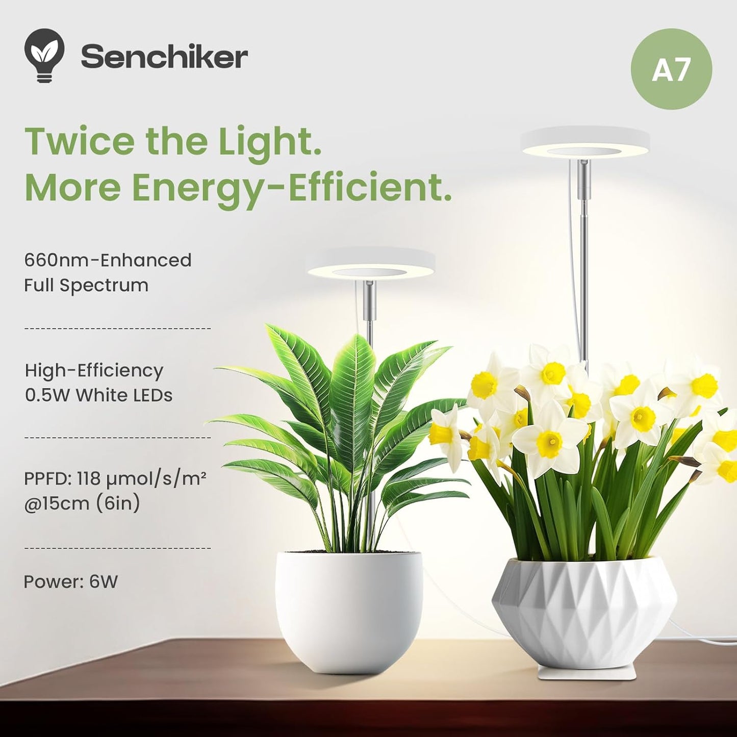 Plant Lights for Indoor Growing 12V, 660nm-Enhanced Full Spectrum, Small Halo LED Grow Light with Under-Pot Base, Grow Lamp with Timer & Dimming, 6W, 118 µmol/s/m²@15cm(6in), 2 PCS, A7-W-2
