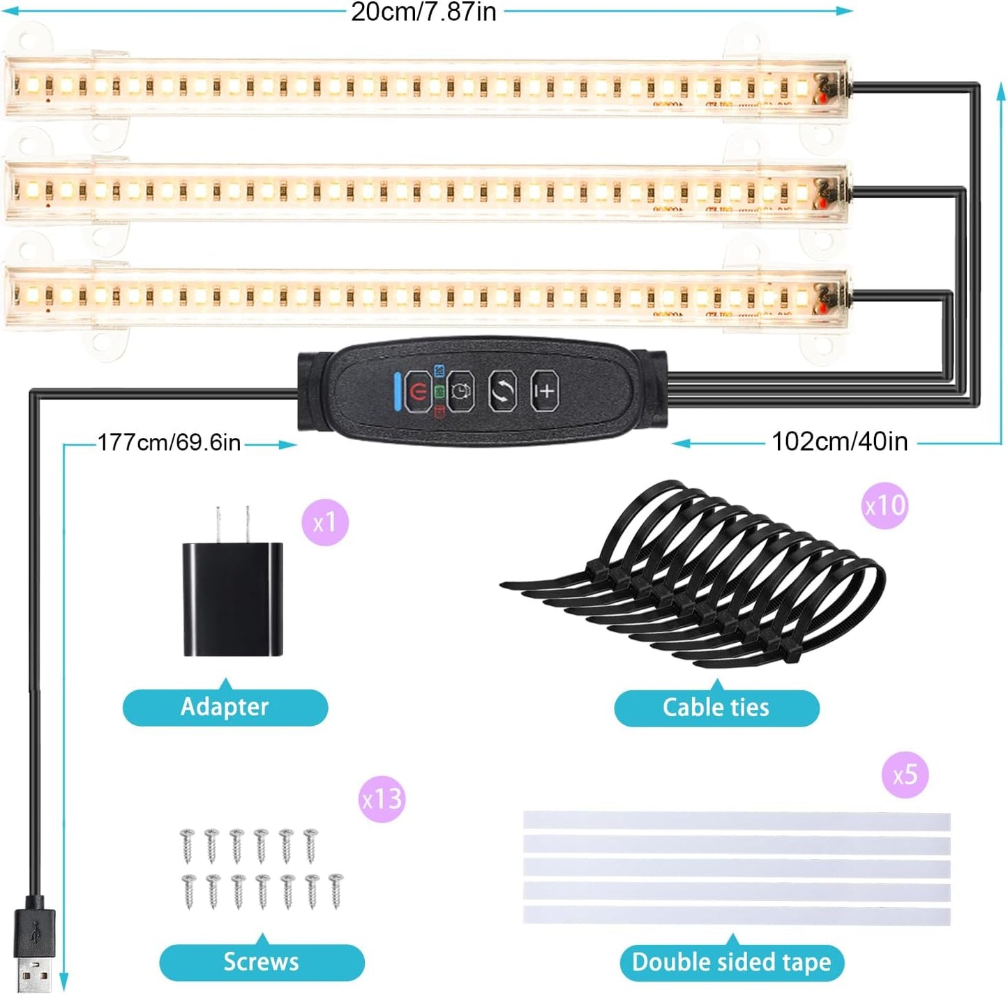 Hywyimlait LED Grow Light Strips, Grow Lamps for Indoor Plants Full Spectrum 3000K, 72 LEDs Plant Light with 3/9/12H Timer, 10 Dimmable Levels for Seedling Succulent, 3 Head 7.8 Inches