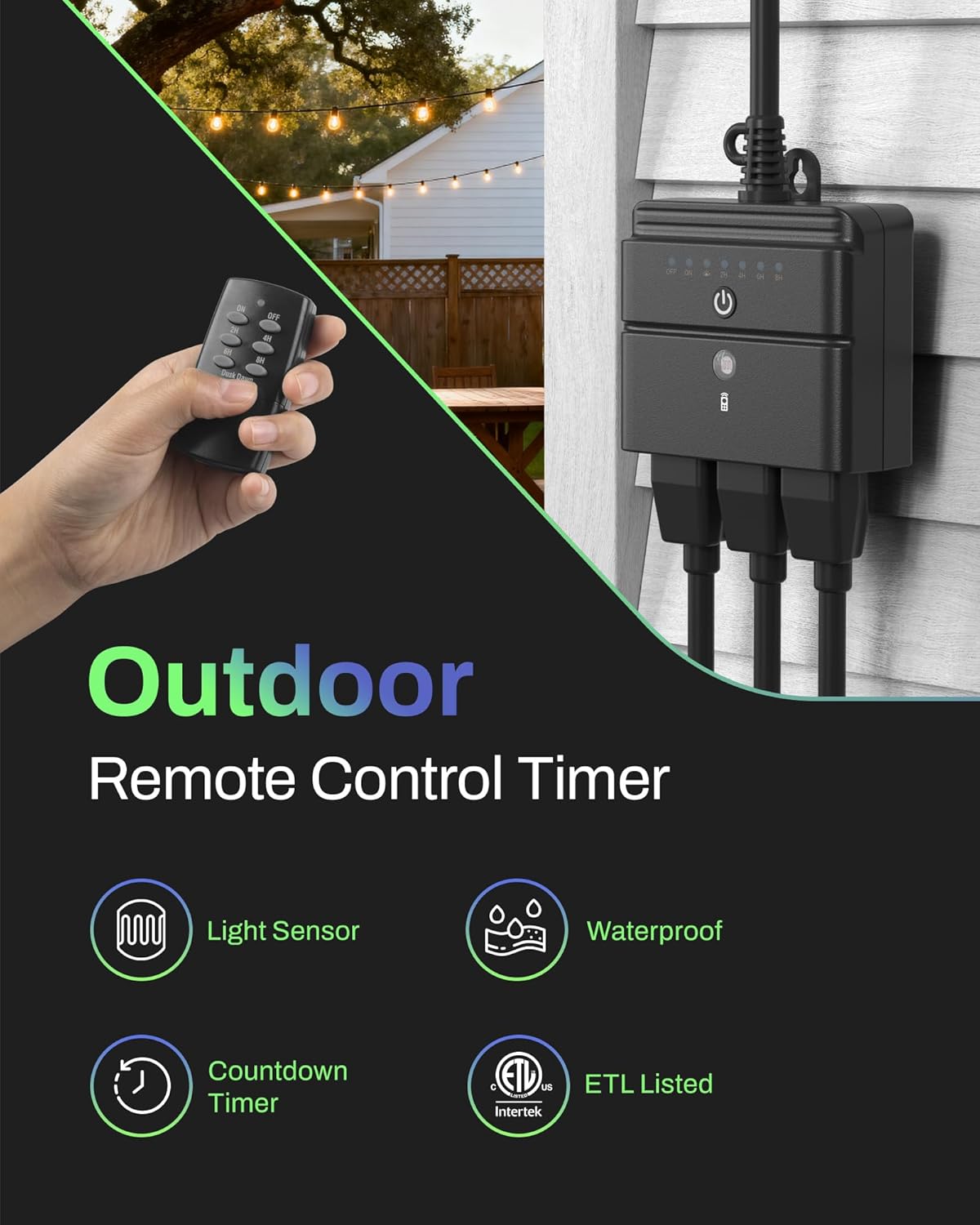 BN-LINK Outdoor Light Timer, Waterproof Plug-in Dusk-to-Dawn Controller with 3 Grounded Outlets for Christmas & Halloween String Lights, 15A 1/2HP, ETL Listed, 100 ft RF Range, Remote Included