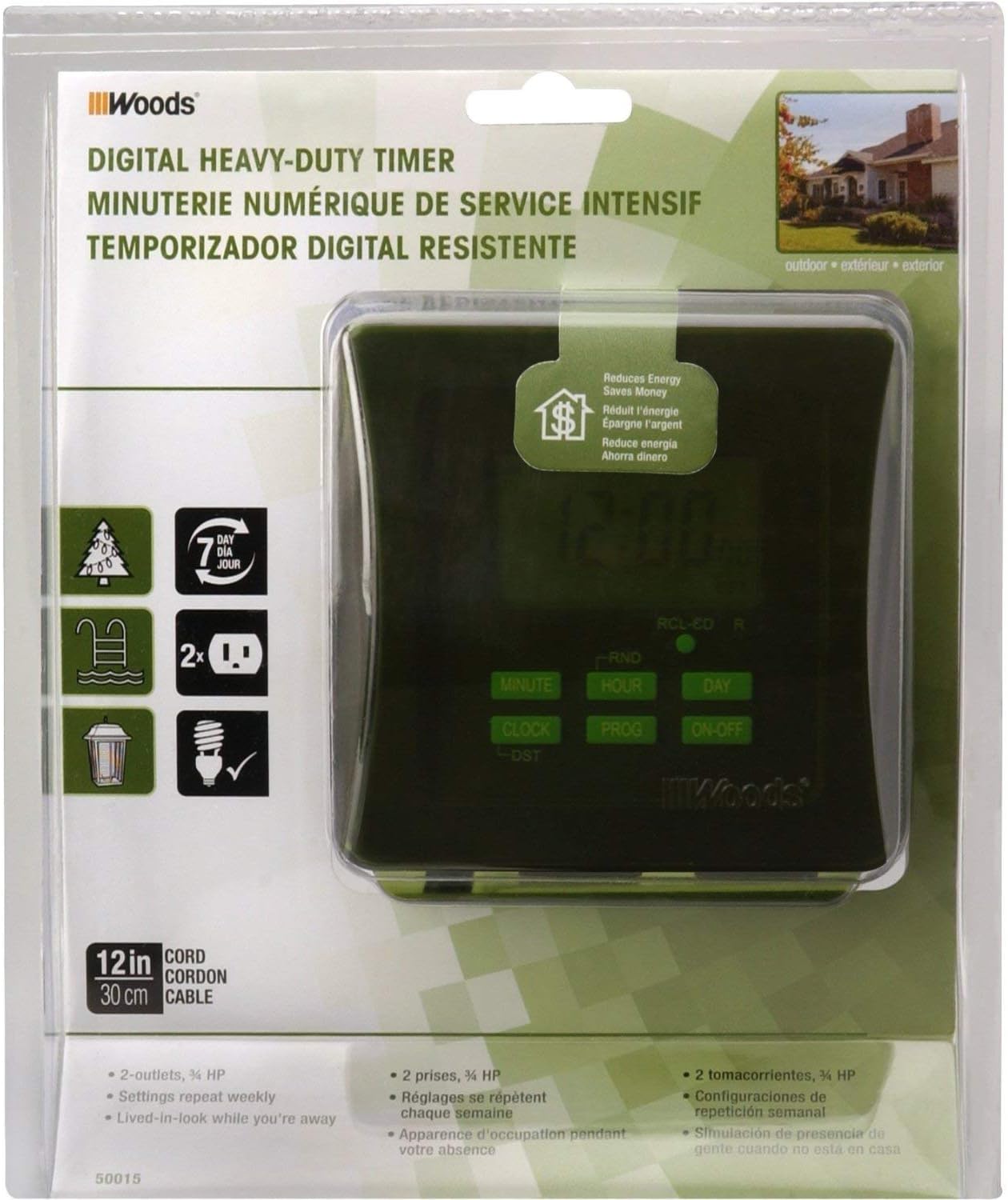 Southwire Woods Outdoor Heavy Duty Digital Plug-In Timer - 7-Day Programmable Timekeeper - Dual Grounded Outlets - Weatherproof Energy-Saving - Ideal for Holiday Lights & Outdoor Equipment