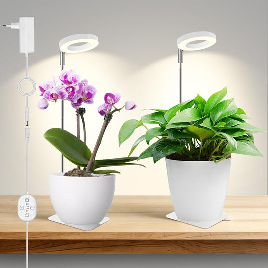Plant Lights for Indoor Growing 12V, 660nm-Enhanced Full Spectrum, Small Halo LED Grow Light with Under-Pot Base, Grow Lamp with Timer & Dimming, 6W, 118 µmol/s/m²@15cm(6in), 2 PCS, A7-W-2