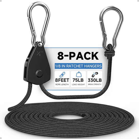 Fondwell 1/8" Adjustable Grow Light Hangers: 8 Pack of Tie Downs Rope - Small Ratchet Straps for Various Hanging and Strapping