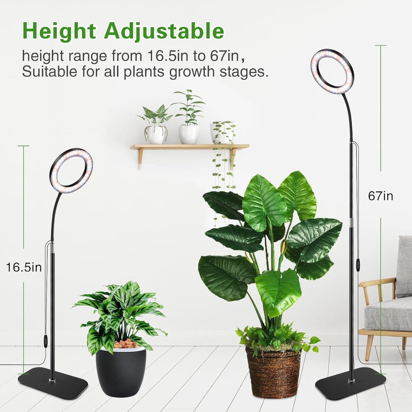 SDOVUERC Full Spectrum Grow Light with Stand for Indoor Plants, Floor Plant Light, 3/9/12H Timer, 3 Color Modes, Adjustable Height 16.5–67in, for Large Plants & Home Décor(1 Head)