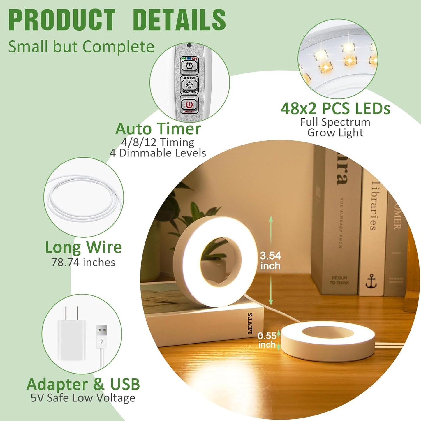 LORDEM Ceiling Grow Light for Indoor Plants, 96 LEDs Full Spectrum LED Plant Light, 5V Plant Lamp with 4/8/12H Auto Switch, 4 Dimmable Brightness Levels, Ideal for Small Plants, Dual Head, Corded