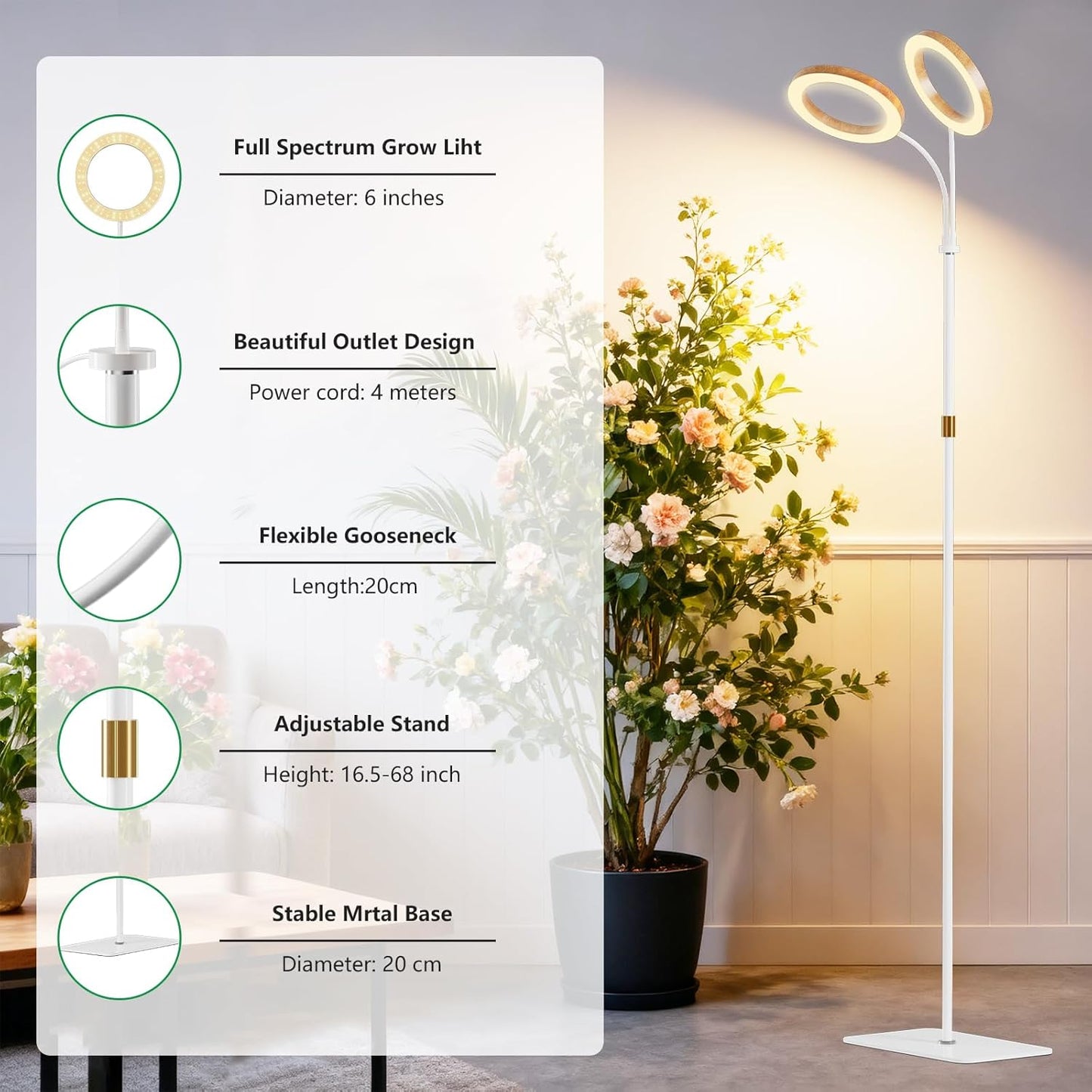 SDOVUERC Full Spectrum Grow Light with Stand for Indoor Plants, Floor Plant Light, 6/12/18H Timer, 3 Color Modes, Adjustable Height 16.5–68in, for Large Plants & Home Décor(2 Heads,Faux Wood Grain)