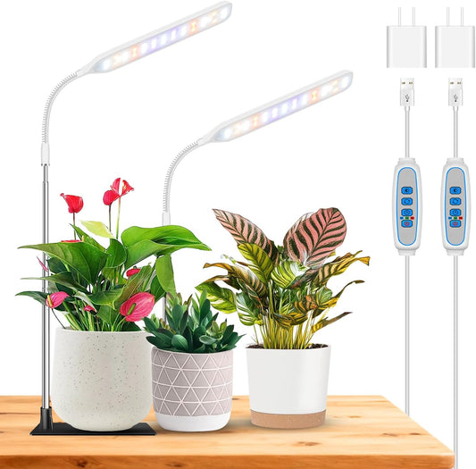 Wolezek Grow Lights for Indoor Plants, 52 LEDs Full Spectrum Plant Grow Light with Base, Height Adjustable Grow Lamp with Auto Timer 6/12/16H, 5 Dimmable Brightness, for Small Plants, White, 2-Pack