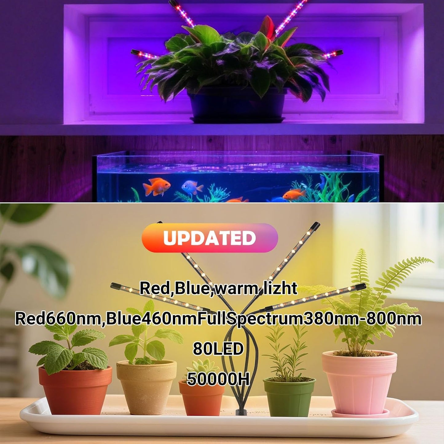 Grow Lights for Indoor Plants,80 LED Plant Lights with Full Spectrum & Red Blue Spectrum, 10 Dimmable Level, 3/9/12H Timer,3 Switch Modes, Adjustable Gooseneck,4 Heads Clip-On