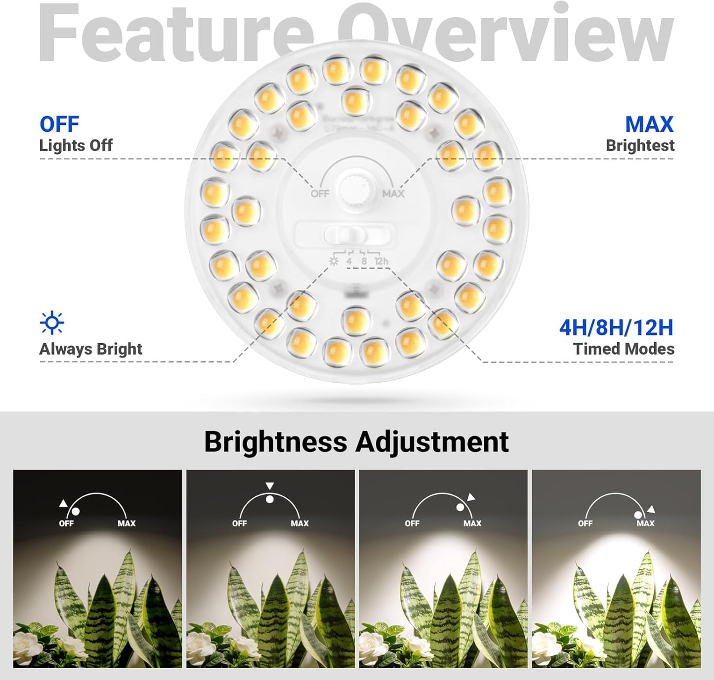 Barrina Orbgrow OG11A Grow Light Bulbs for Indoor Plants, Integrated Dimming & Timing, 4000K 22W(2 x 11W, 200 Watt Equiv), E26 Plant Light Bulb, Full Spectrum for Seeds and Greens, 2 Packs, White
