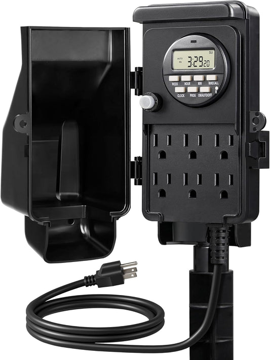 DEWENWILS Outdoor Digital Power Strip Timer, Multi Sockets, Waterproof 6 Outlets Garden Power Stake, 6ft Cord, Digital Timer for Lights, Yard, Garden, 15A Heavy Duty