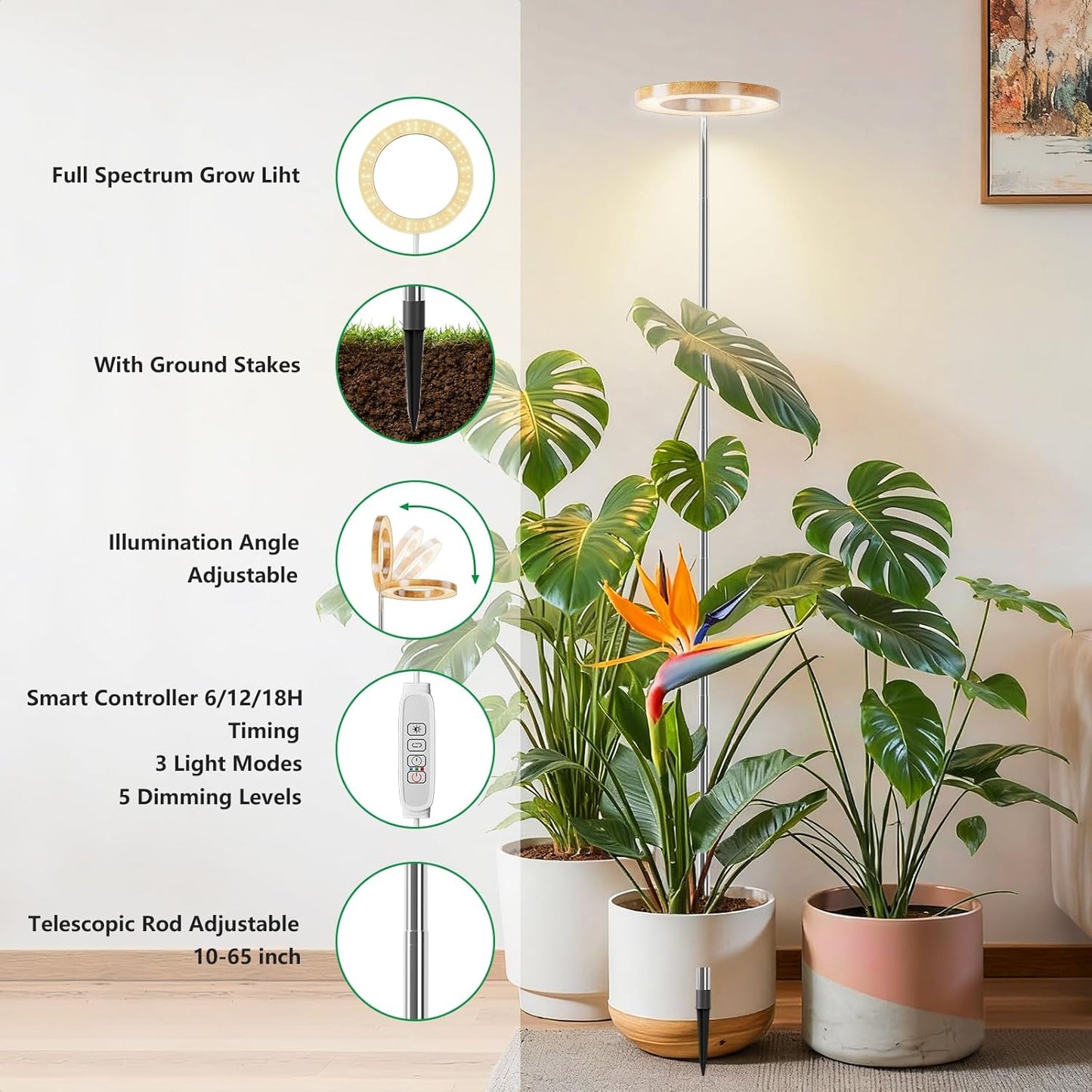 SDOVUERC Full Spectrum Grow Lights for Indoor Plants – Adjustable Height Plant Lamp with Wood‑Grain Finish, 6/12/18H Timer, 3 Color Modes, Perfect Plant Lights for Houseplants Growing(Pack 2)