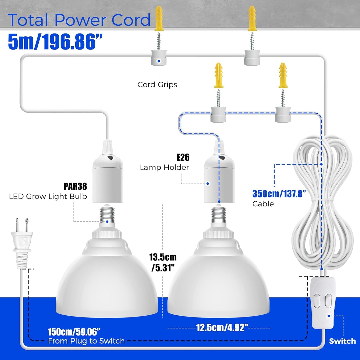 Barrina LED Grow Light Bulb, 50W (2 x 25W) Full Spectrum, with 16.4FT Power Cord, Hanging Grow Lights for Indoor Plants, Large Tall Plant, Garden, Flowers, Greenhouse, 2-Head