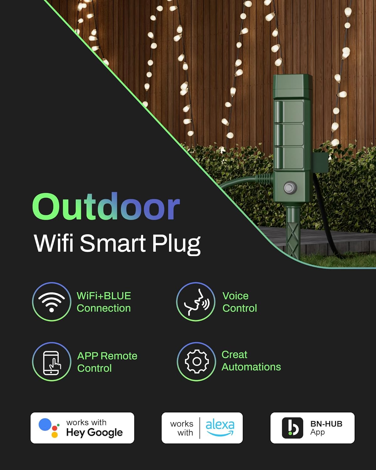 HBN Outdoor Smart Plug Waterproof WiFi Outdoor Outlet Timer with 6 Grounded Outlets, Remote & Voice Control Heavy Duty Yard Stake Plug Compatible with Alexa and Google Assistant No Hub Required