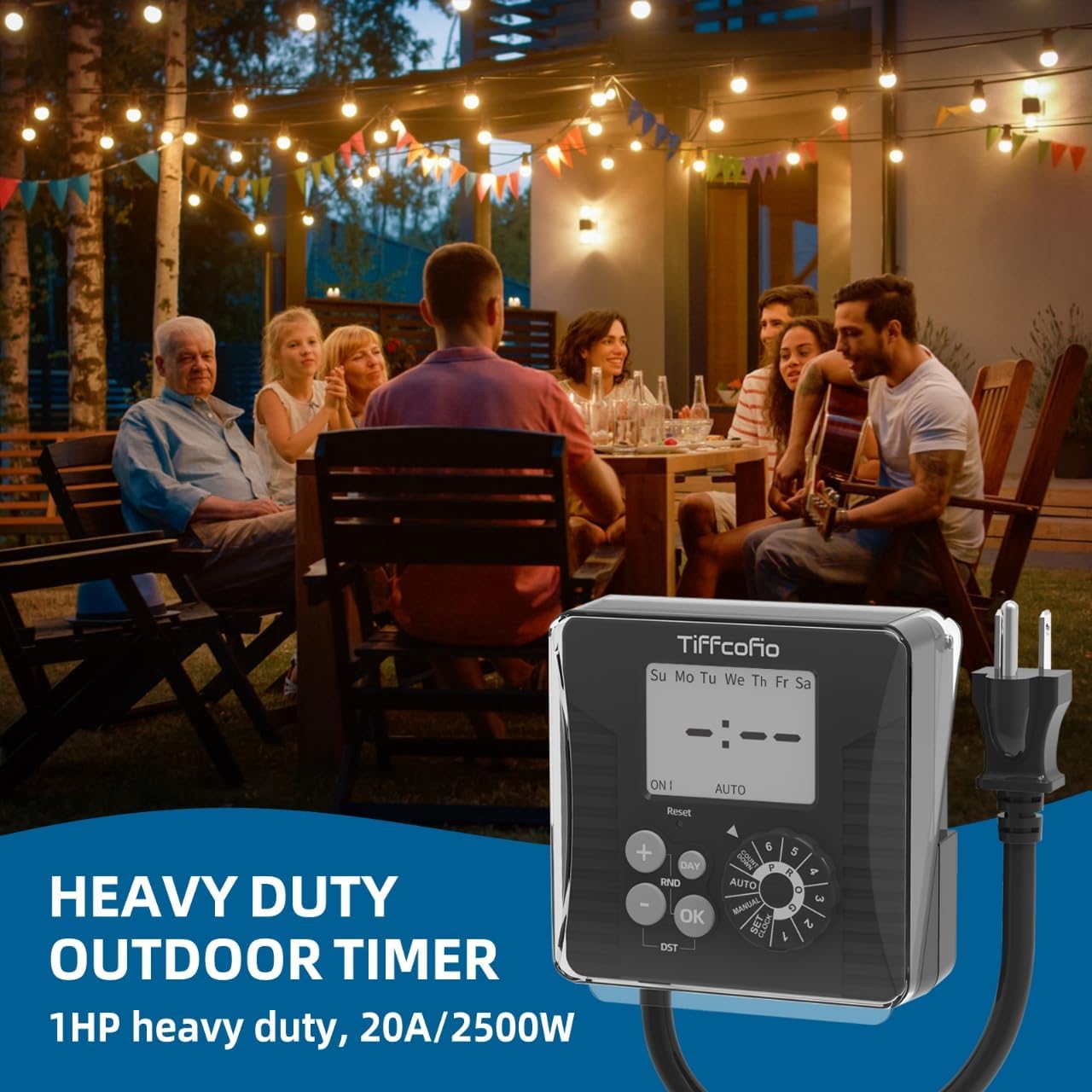 TiFFCOFiO Outdoor Digital Pool Timer, Dial Programmable Method, Outdoor Timer with 2FT Extension Cord Waterproof, 2 Grounded Electrical Outlets for Lights, 6 Sets of Programs,1HP (15A)