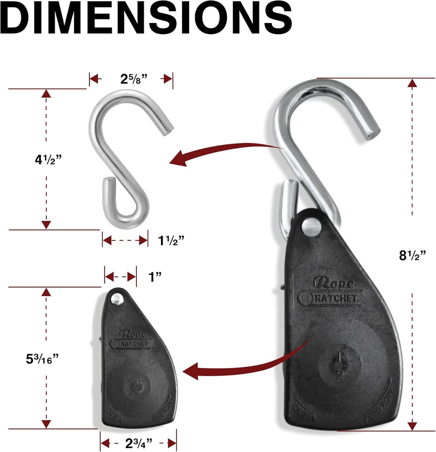 Rope Ratchet 1/2" with Locking Pulley, Adjustable Hanger for Grow Lights, Canopies, Kayaks, Tents, Camping, 8' Braided Polypropylene Rope, 500 lb Capacity, Ideal for Roof Rack, Tarp, Canoe Tie Downs