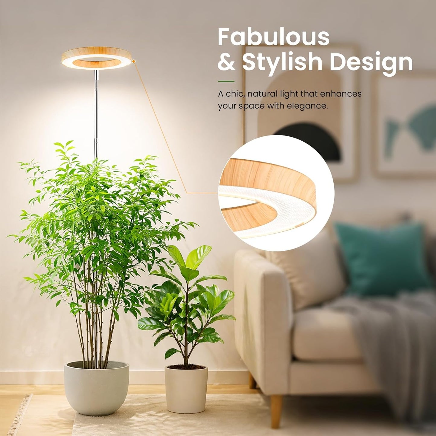 LBW Grow Lights for Indoor Plants, 6.3" Full Spectrum Plant Light with Base, 65" Height Adjustable Grow Lamp, 6/8/12/16H Timer, 3 Color, 5 Dimmable Level, for Tall Large Plants, Bamboo Grain, 3 Pack